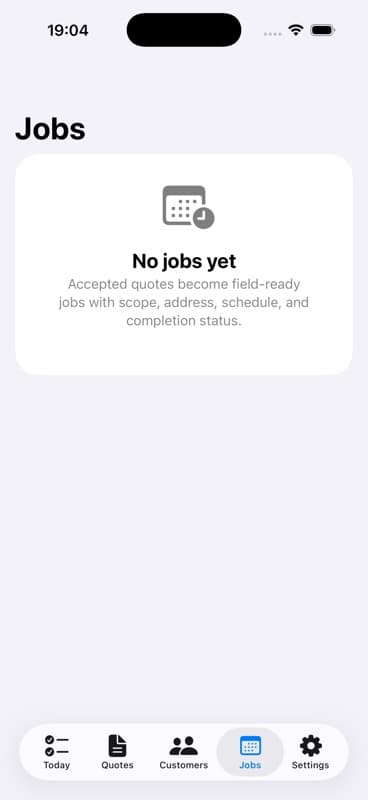 LawnQuote jobs screen for accepted work and job completion records.