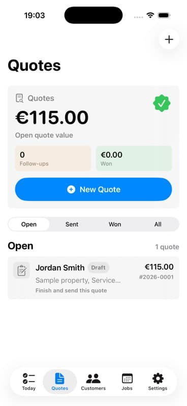 LawnQuote Quotes screen showing open quote value, follow-ups, won work, and a new quote button.