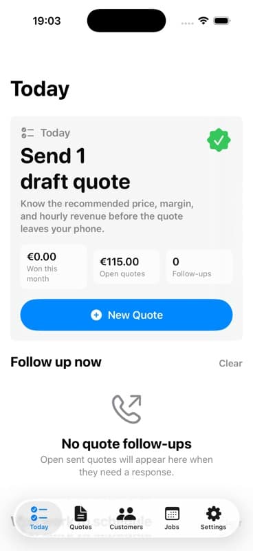 LawnQuote Today screen showing draft quotes, open quotes, follow-ups, and a new quote button.